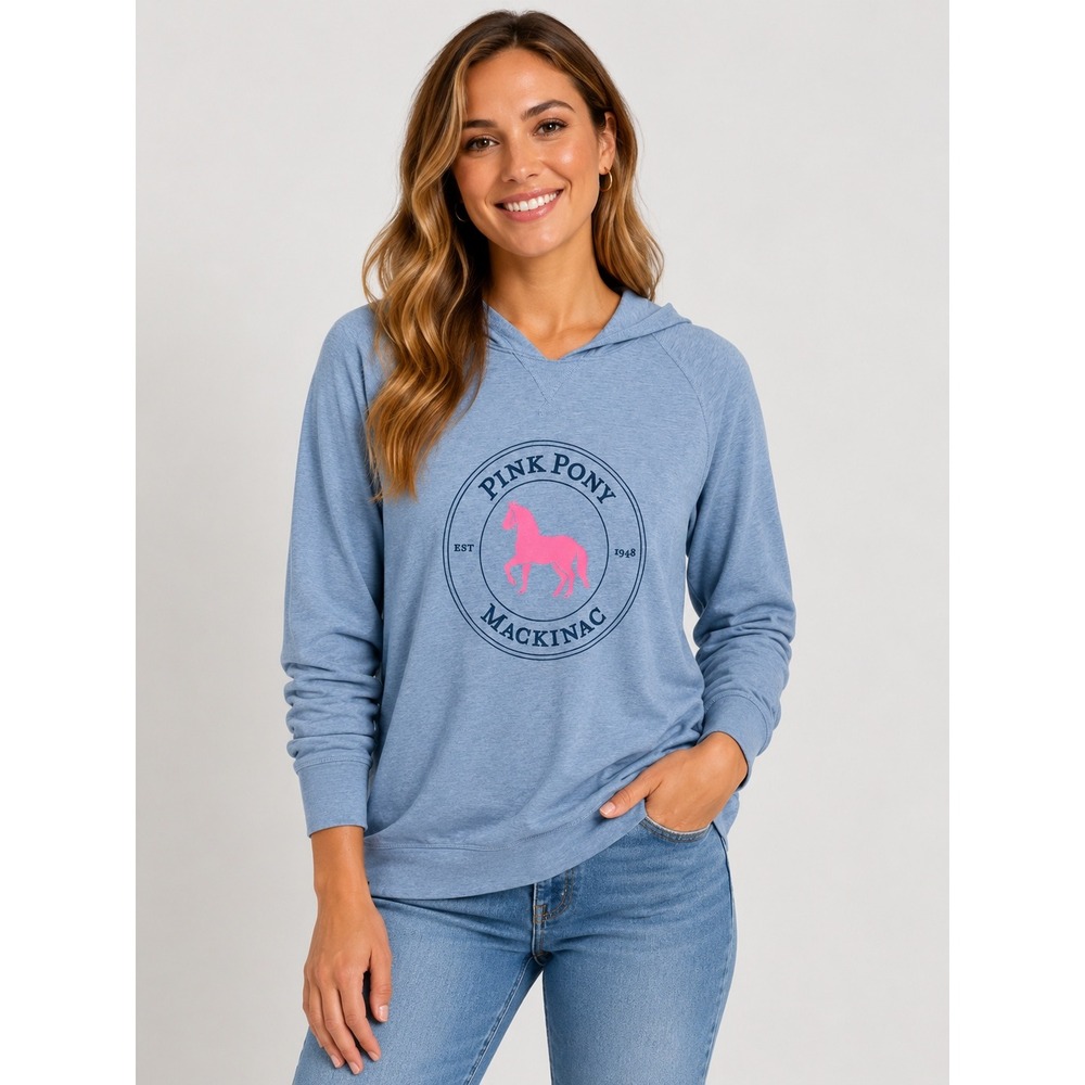 Johnnie-O Hangin Out Pink Pony Mackinac Hoodie Blue Heathered Pullover XL